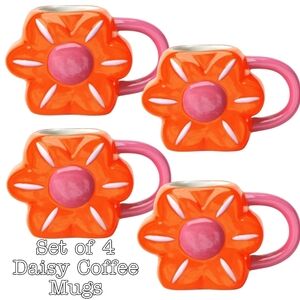 Set of 4 NWT earthenware novelty daisy coffee Mugs orange pink ceramic cute